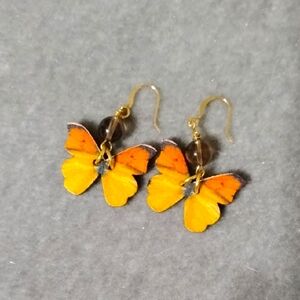 Hand Crafted Butterfly Earrings in Orange and Gold With Smokey Quartz